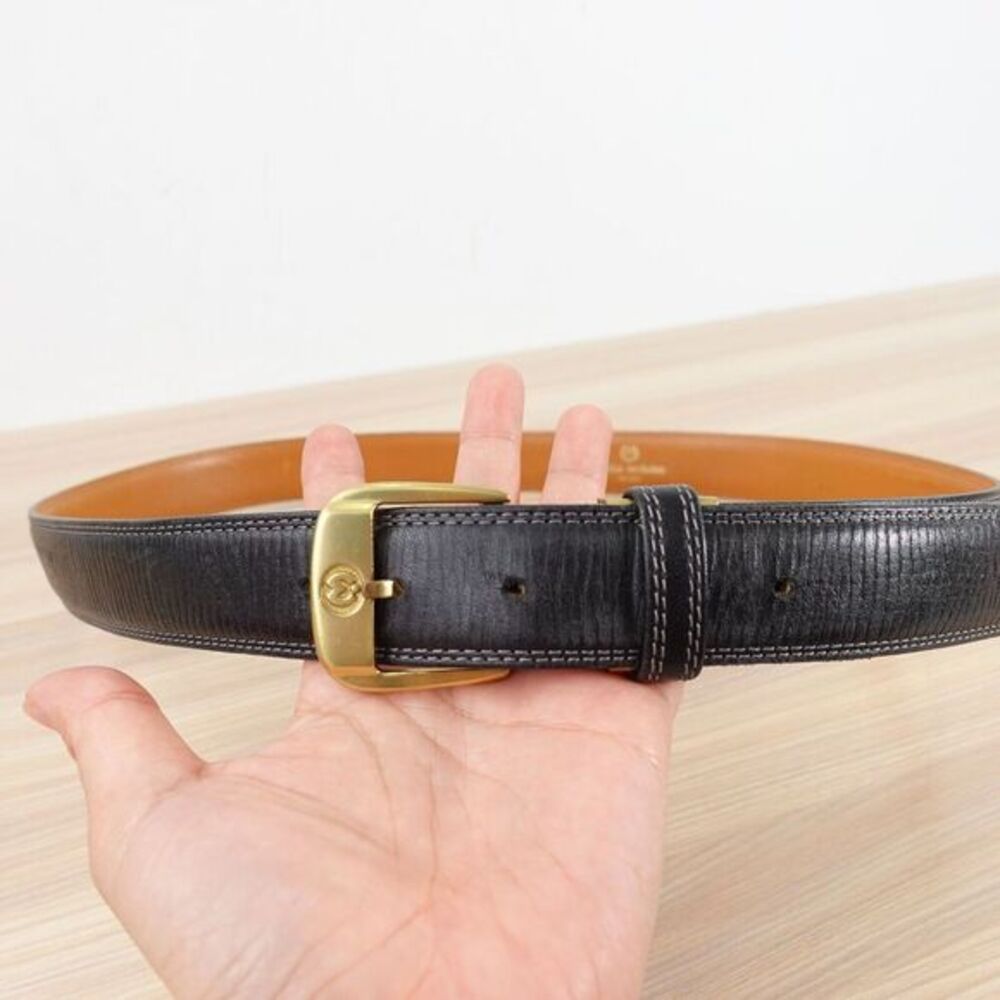 90s Italian Black Leather Dress Belt Mens 38 MILA SCHON Luxury Gold Buckle‎